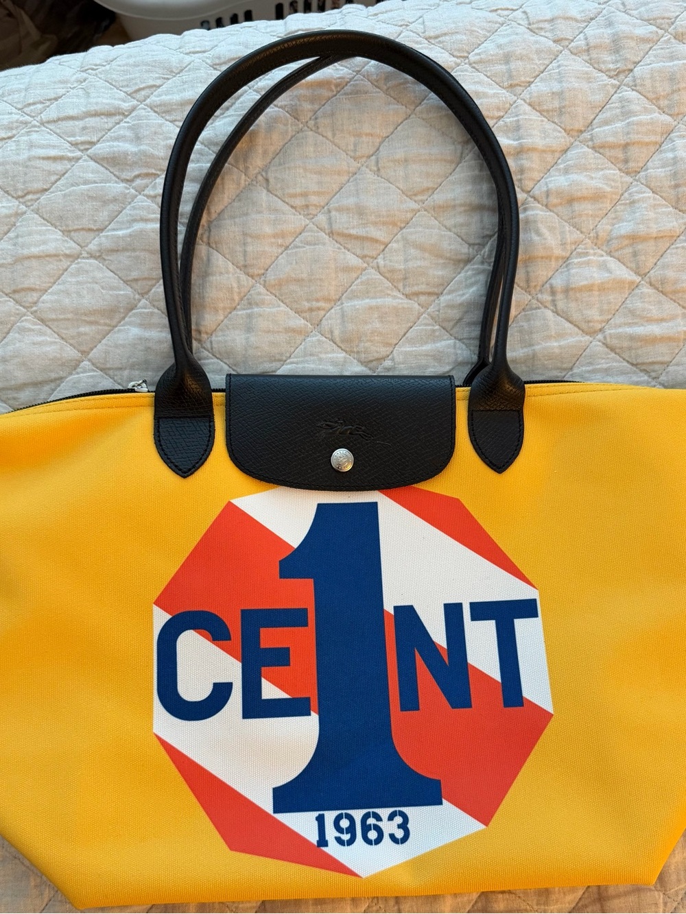 Longchamp x Robert Indiana One Cent Le Pliage - Yellow Tote with Black Trim